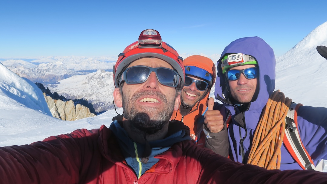 Martin Arteage, Pablo Miranda, and Raimundo De Andraca (left to right) on the western prominence (3,134m) of Monte San Lorenzo (3,706m), after making the first ascent of a route on the northwest face.