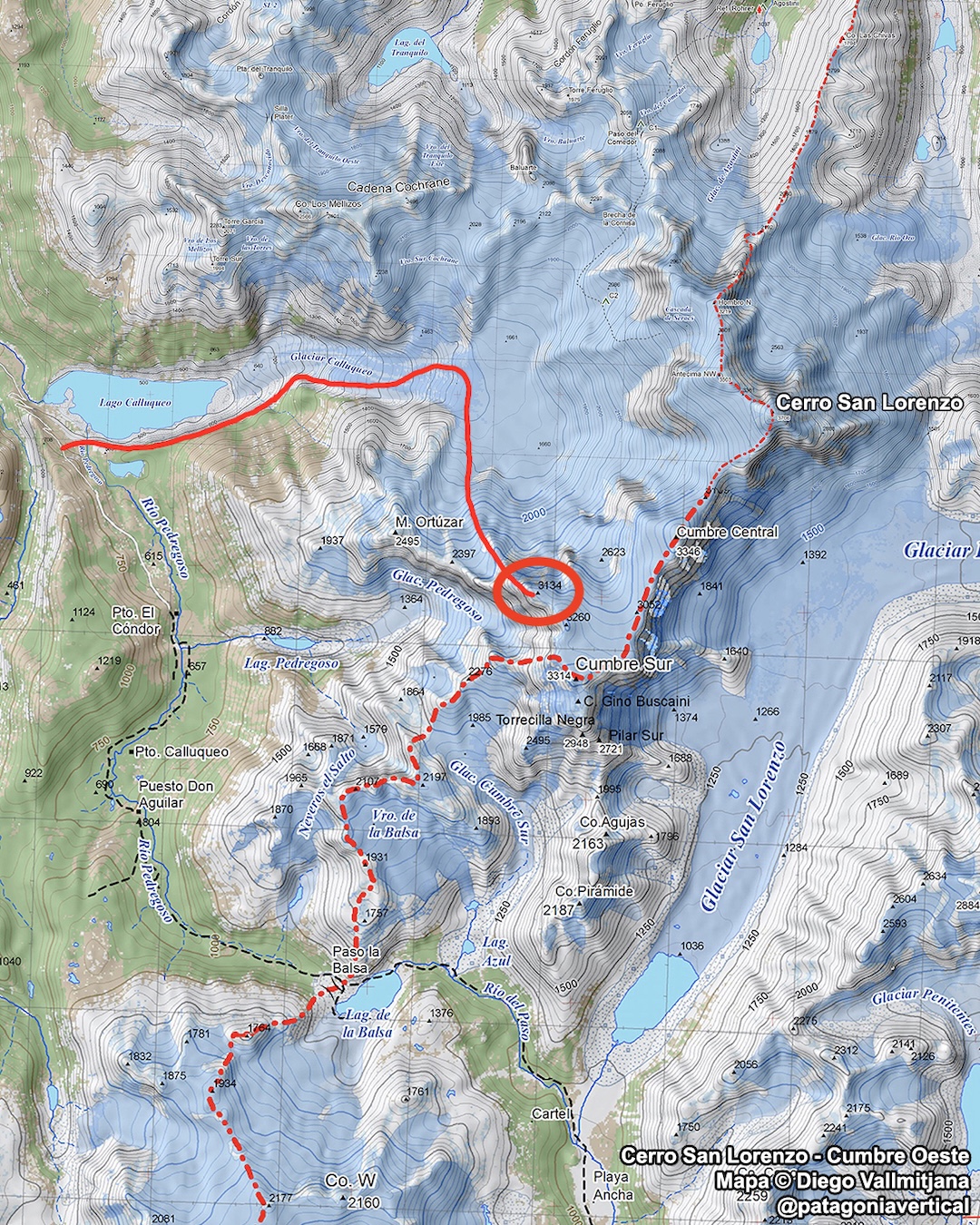 The route taken by Martin Arteage, Raimundo De Andraca, and Pablo Miranda to make the first ascent of
a 3,150m western prominence on Monte San Lorenzo (3,706m).