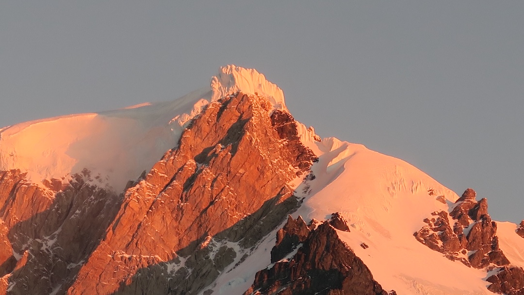 The western summit (3,150m) of Monte San Lorenzo, seen from the Calluqueo Glacier to the west. The right skyline is the top of the northwest spur, climbed in May 2024.