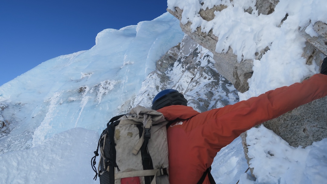 Martin Arteaga looks up at the crux headwall pitch of the route to a western subsummit of Monte San
Lorenzo.