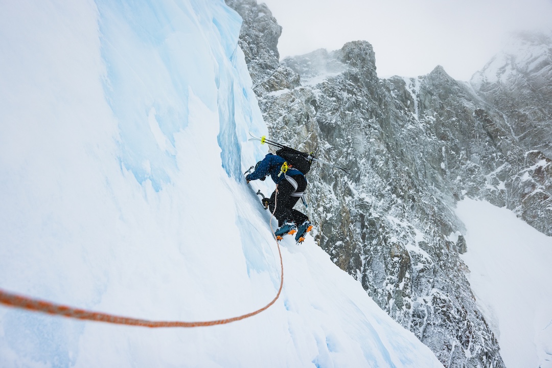 Thor Retzlaff leads the glacial ice headwall guarding access to the Cerro Ambrosio Oeste's upper ramps and arête on summit day. 