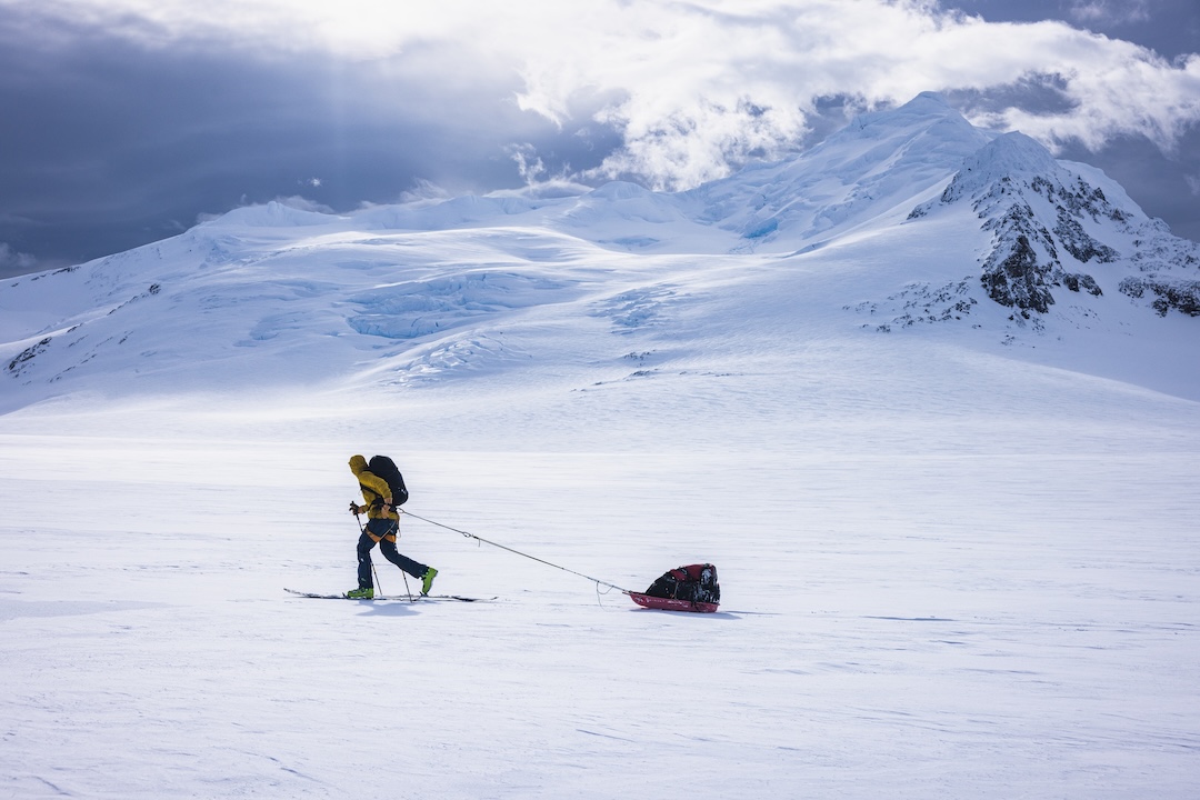 Fer Ferrandez hauls his DIY pulk past Cerro Piramide in the Cordón Gaea on day four of 20 on the Southern Patagonian Ice Cap. 