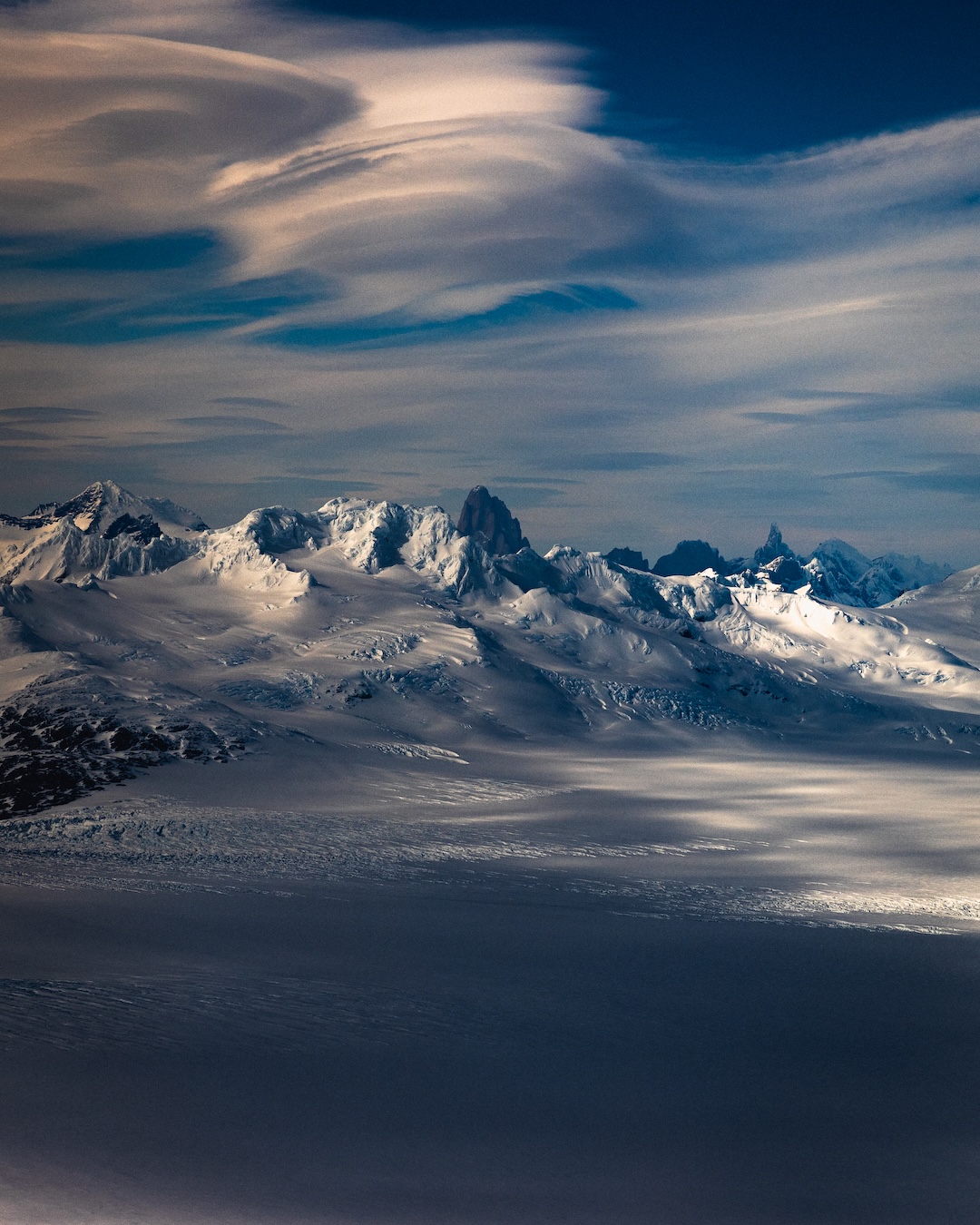 The view from the south summit of Ilse Von Rentzall, looking back toward the granite Chaltén, Piergiorgio, and Torre massifs. 