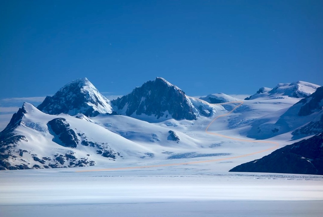 Cerros Ambrosio Este (right) and Oeste on the Southern
Patagonian Icefield. Cerro Ambrosio Oeste was climbed by Matthew Tufts and Thor
Retzlaff in 2023. The peak on the right is Cerro Ambrosio Este, with the 2024 team’s
route highlighted in orange. The other summits are unnamed.