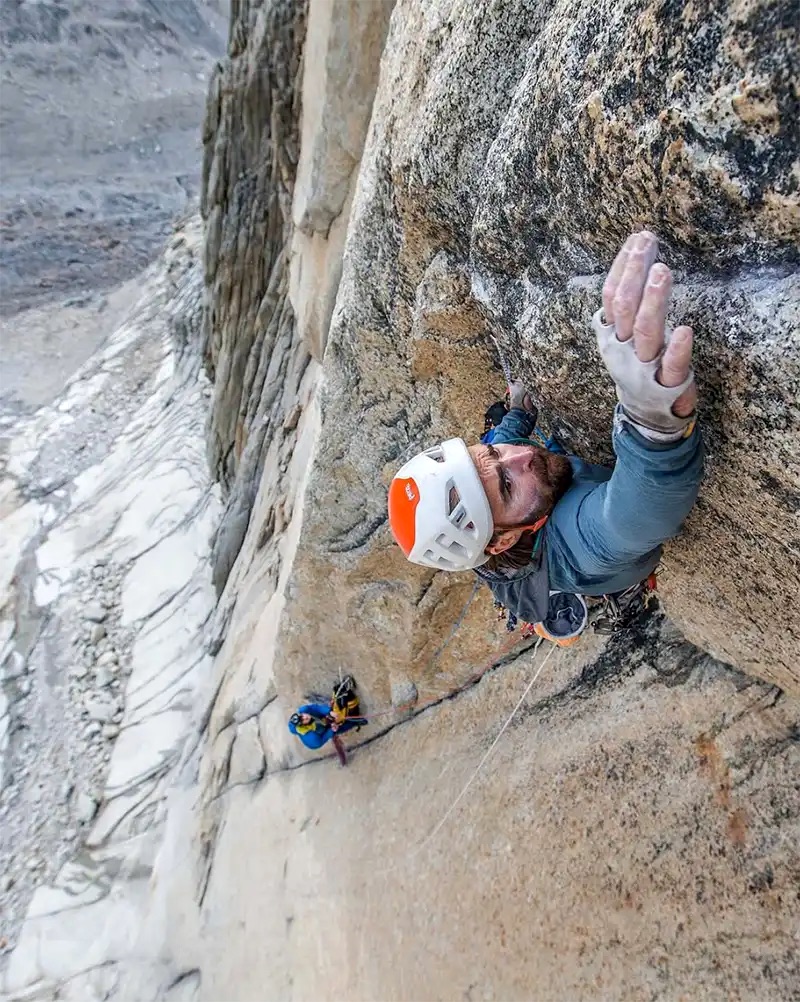 Seán Villanueva O'Driscoll attempting the crux of The Approach Team Line on El Mocho in 2024.