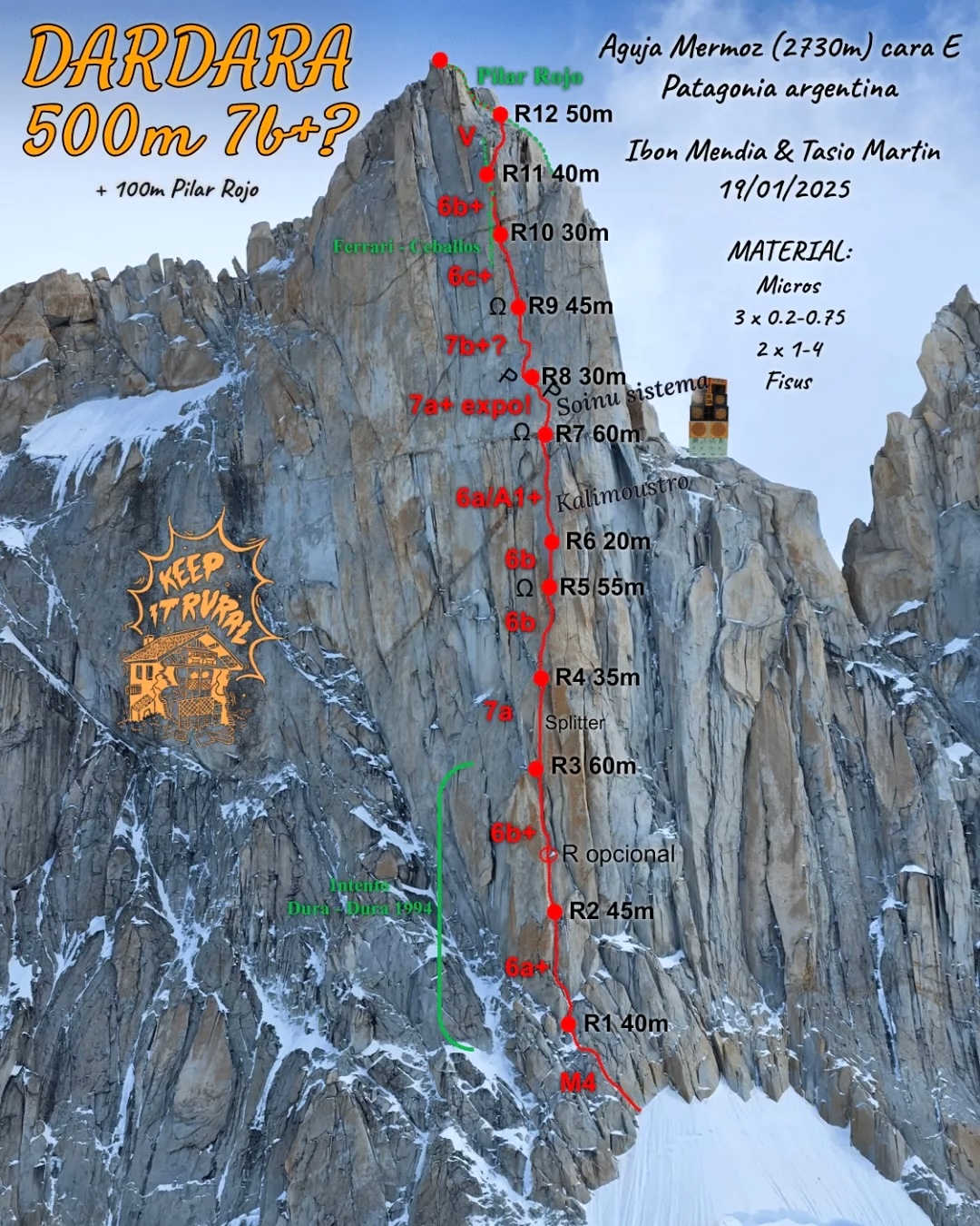 Photo-topo of the route Dardara on the east face of Aguja Mermoz.