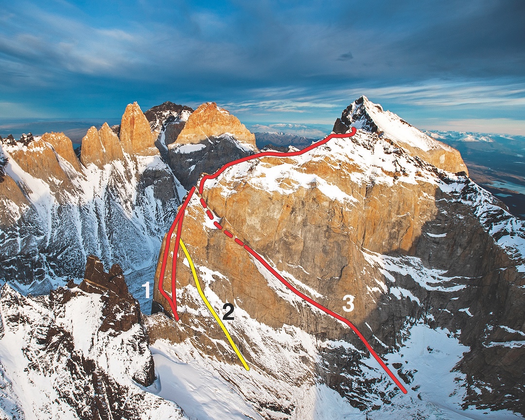 El Escudo from the north with (1) Las Aventuras de Don Quijote (1992) and a 1993 variation immediately right, (2) Millacahuin (2025) to the start of the long summit ridge, and (3) Bukowski (1999). In back left is the chain of Torres; La Fortaleza rises above El Escudo’s
summit. 