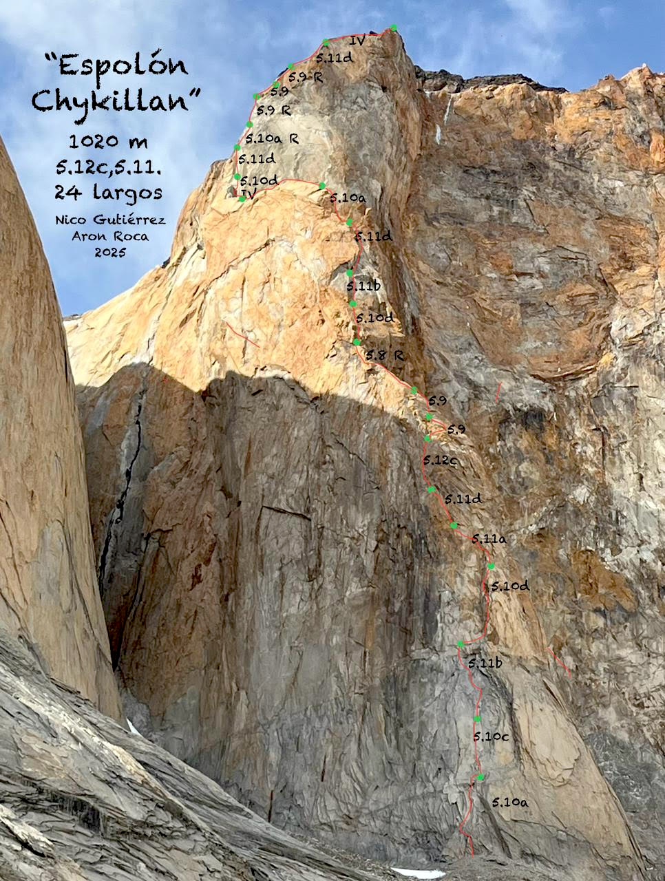 The line of Espolón Chykillan on the north spur of Paine Chico Oeste.