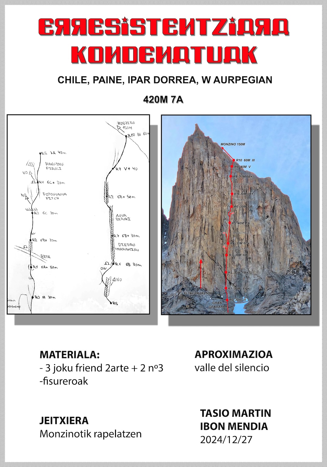 The line of Erresistentziara Kondenatuak (10 pitches, 7a) on the west face of double-topped Torre Norte del Paine.