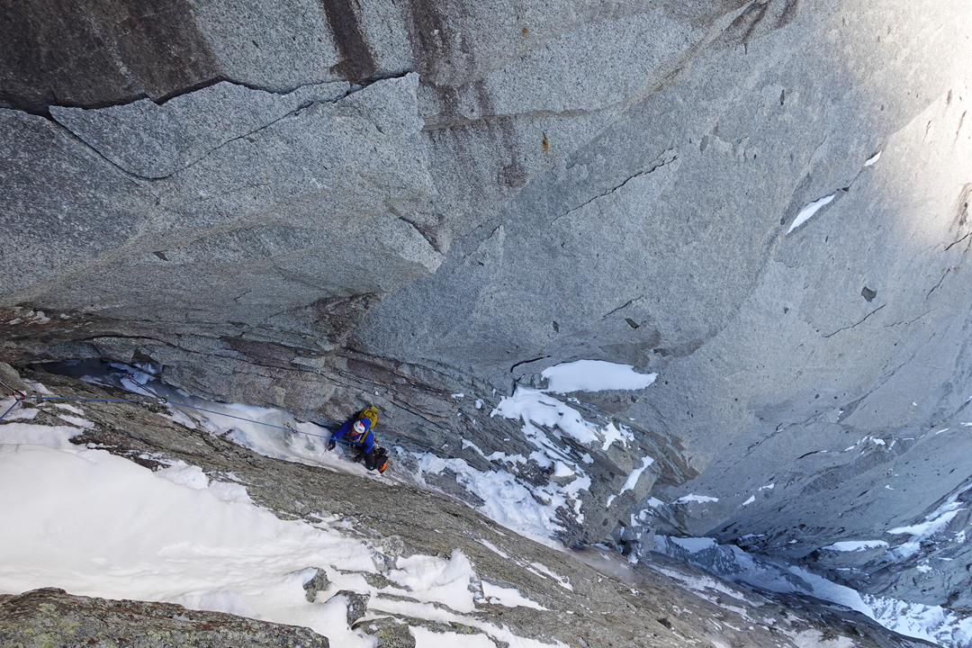 Rob Smith on the Northwest Face of the Aiguille de Blaitiere.
