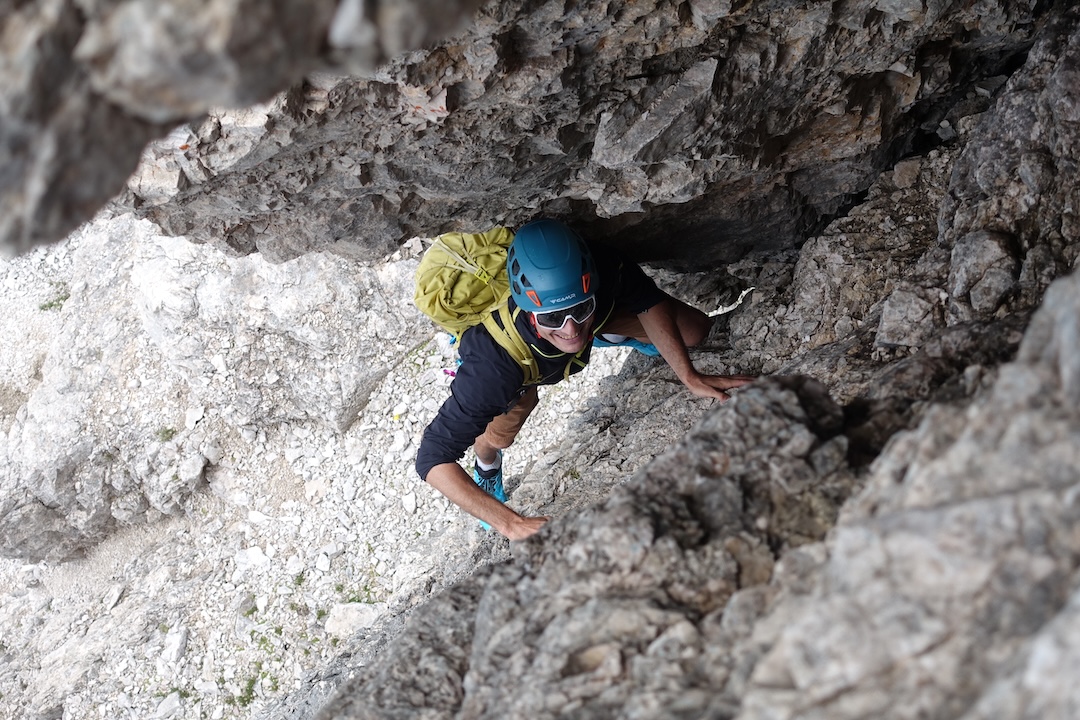 Christian Bickel climbs new ground halfway up the west face of Torre Comici.
