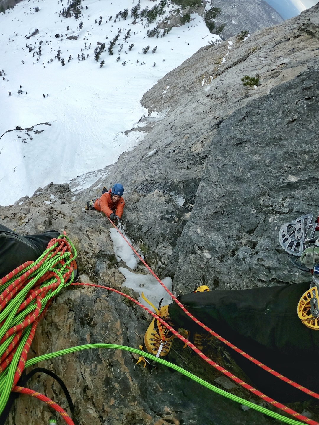 Spyros Kyriakou topping out the second pitch on the Scream of the Butterfly (500m III AI5 M6+), Tsouka Rossa, Tymfi Massif.  