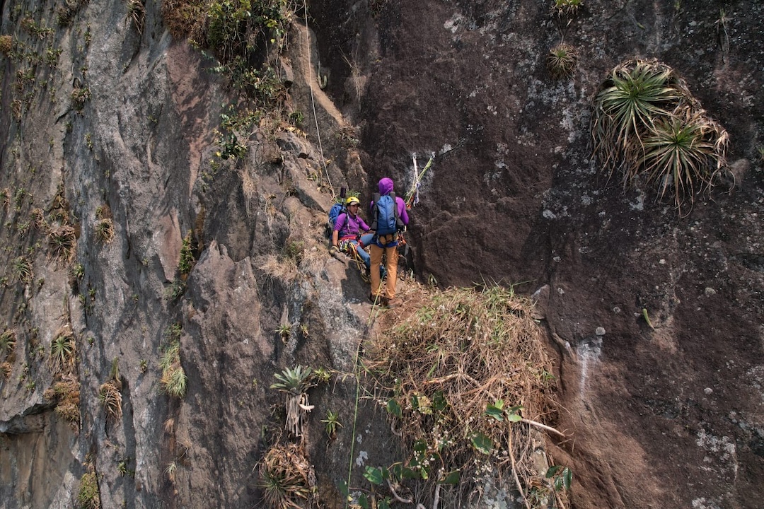 Javier Franco (left) and Ed Padilha at the belay on the sixth pitch of their new route up Pedra do Cabrito. 
