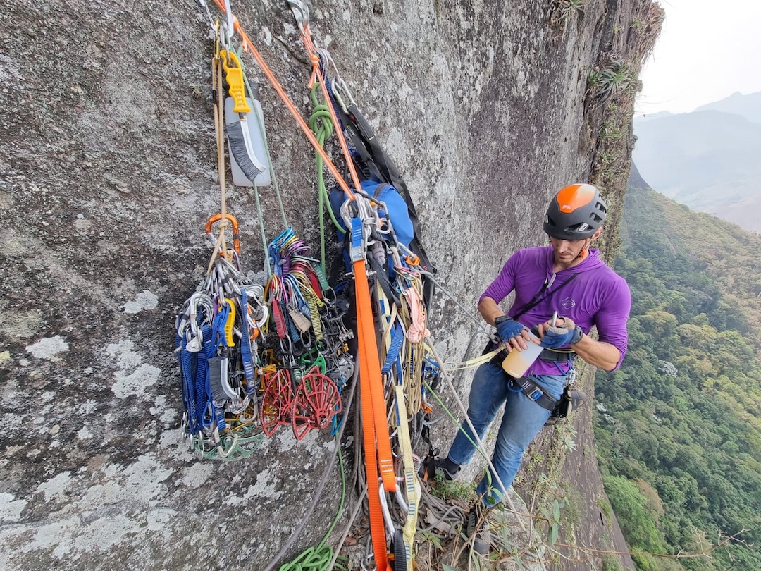 Willian Lacerda at the ninth pitch belay on Pedra do Cabrito. 
