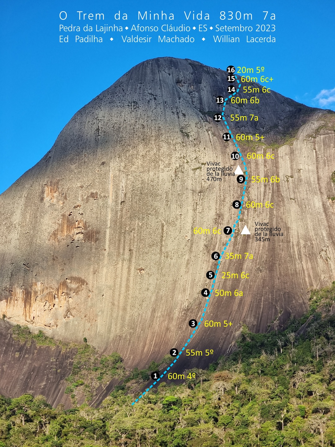Photo-topo of the route O Trem da Minha Vida (830m, 7a) on Pedra da Lajinha. 