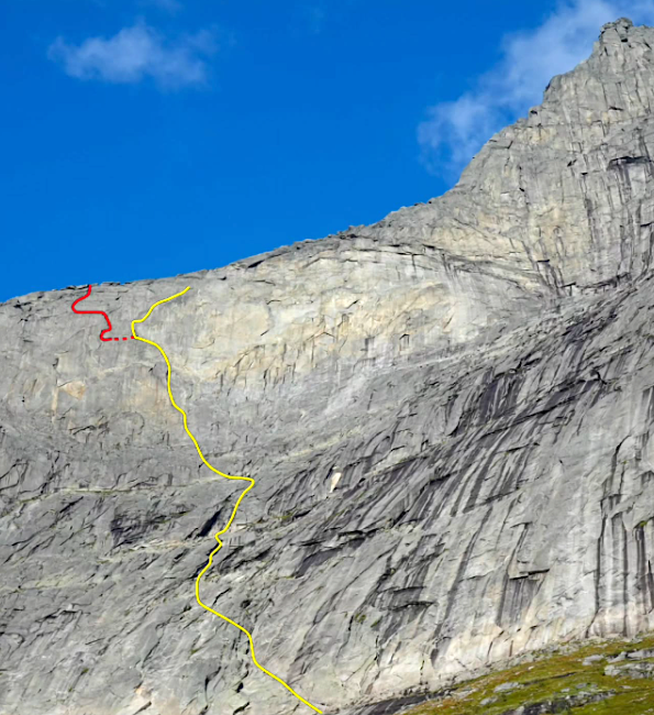 Line Dancing on the southwest face of Stetind. Calum Muskett was leading what they hoped would be the last pitch on the yellow line but ran out of protection opportunities and reasonable climbing about seven meters below the ridge. After trying an alternate route, they reversed course down to a ledge, and Dave MacLeod found a rising traverse to the left (red line) to escape the wall.  