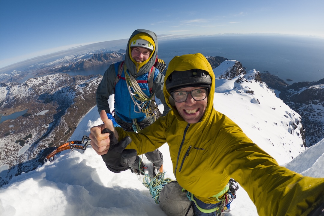 Stian Bruvoll (left) and Chris Wright on top of Stjerntinden after completing the first recorded ascent of the northeast face.