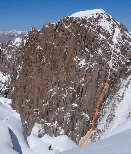 The west face of Verniy Peak (5,250m), seen from Kyzyl Asker, with the line of the 2024 attempt. The climbers completed eight pitches before retreating in heavy snowfall and spindrift. 