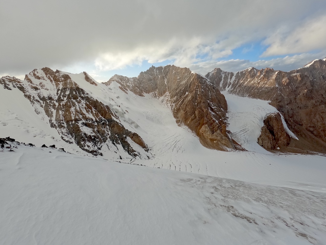View from Line Peak over the two northern branches of the western arm of the Djangartynbashi Glacier. The peaks above are near 5,000 meters and probably unclimbed. 