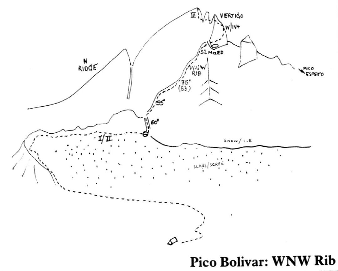 Topo of the west-northwest rib of Pico Bolívar, climbed in December 1985. 
