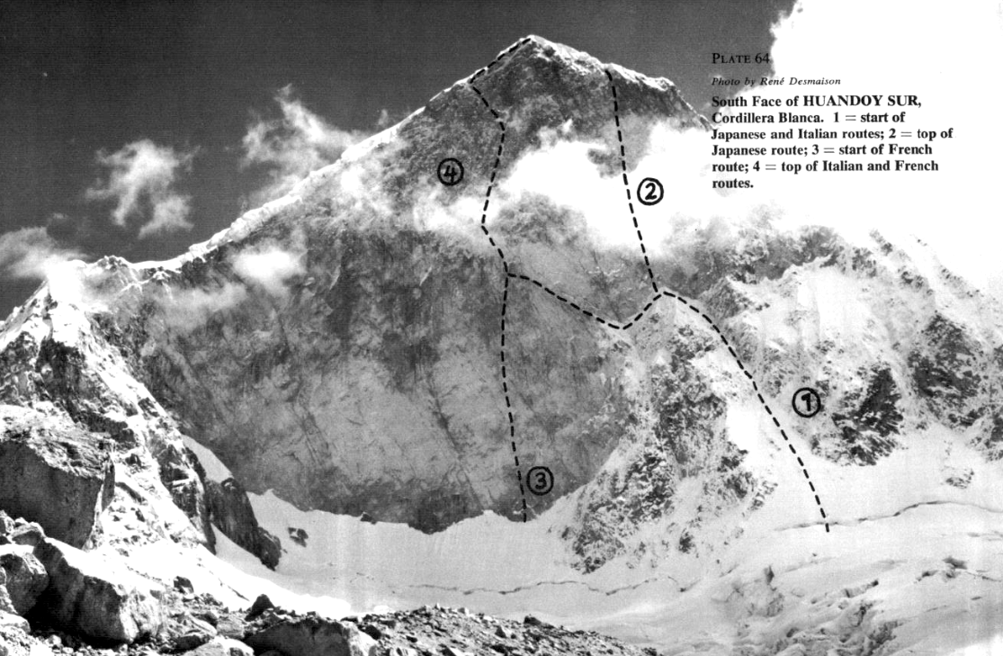 The 1976 routes on the south face of Huandoy Sur in Peru.