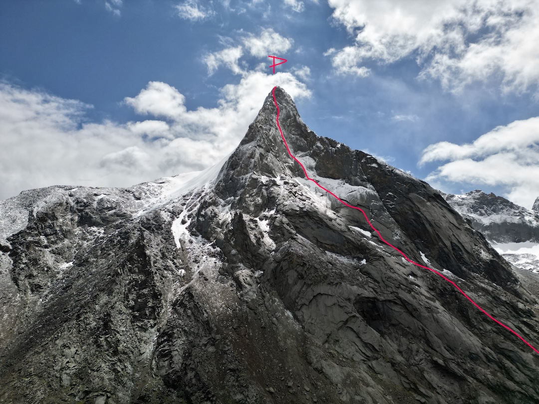 The 2024 route on the southwest face of Parus West (4,850m). Prior routes climbed the southwest ridge (left of the 2024 route) and south-southwest buttress (just beyond the right skyline). 