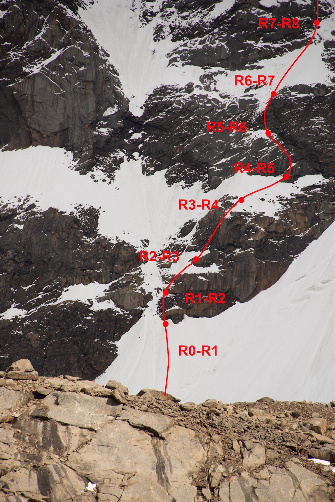 Topo of the lower portion of the 2024 route on the north face of Argo.