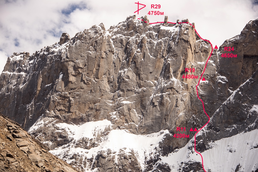 Topo of the upper part of the 2024 route up the north face of Argo.