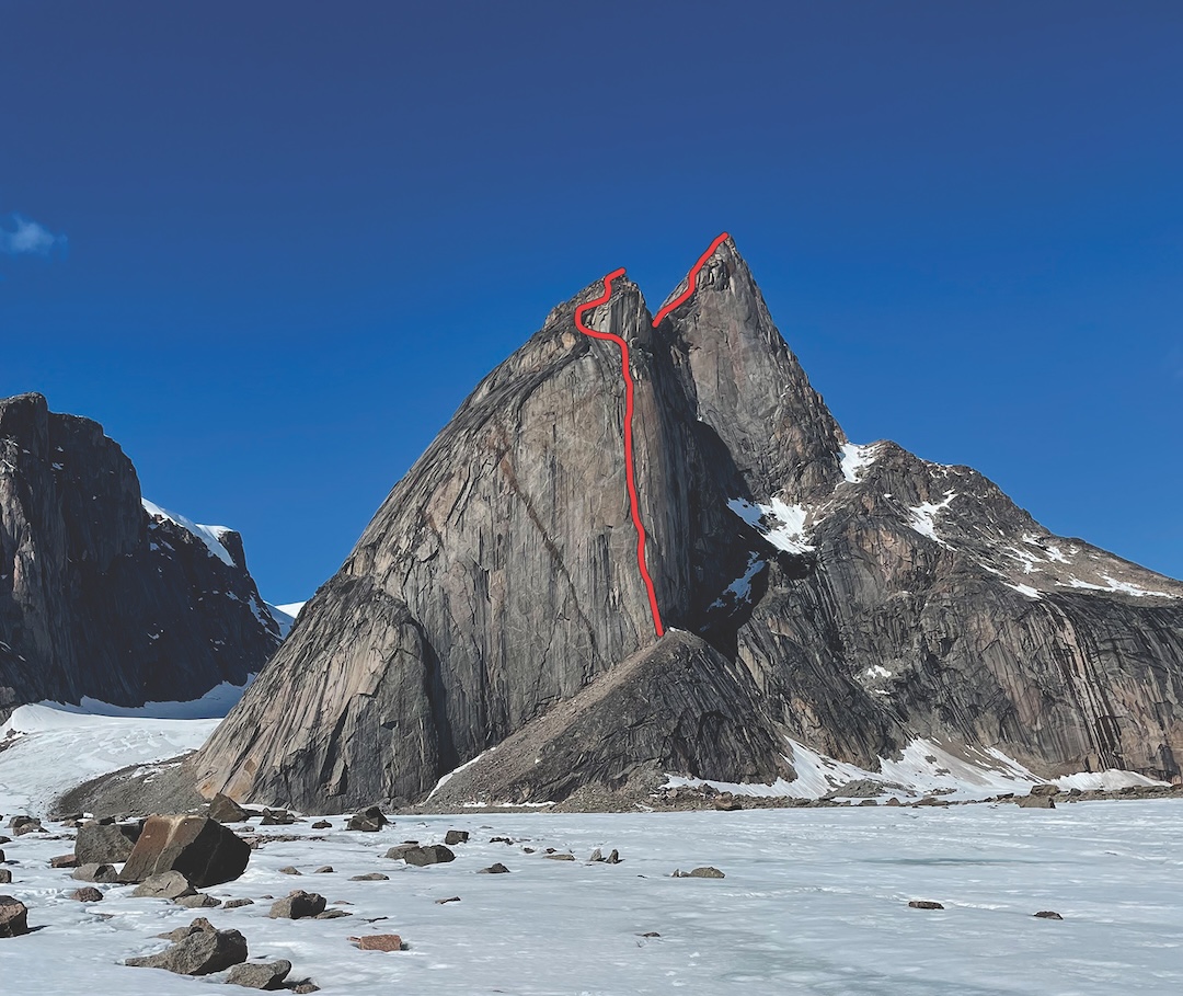 The line of Fenrir on the east face and upper southeast ridge of Mt. Loki. The initial 1,500-foot wall was unclimbed before 2024; the southeast ridge had been climbed by Dave Nettle and Reuben Shelton in 2013. 