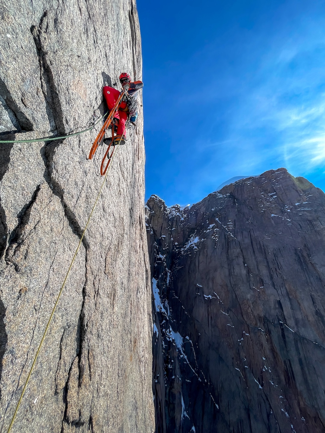 Sam Stuckey leading an A3+ pitch, with 200 feet of beaks and hooks, on Ragnarok (2,500’, VI 5.11 A5), a new route on the west face of Frigga I. The route was completed and descended in four and a half days, compared with 17 days for the only other route on the face.