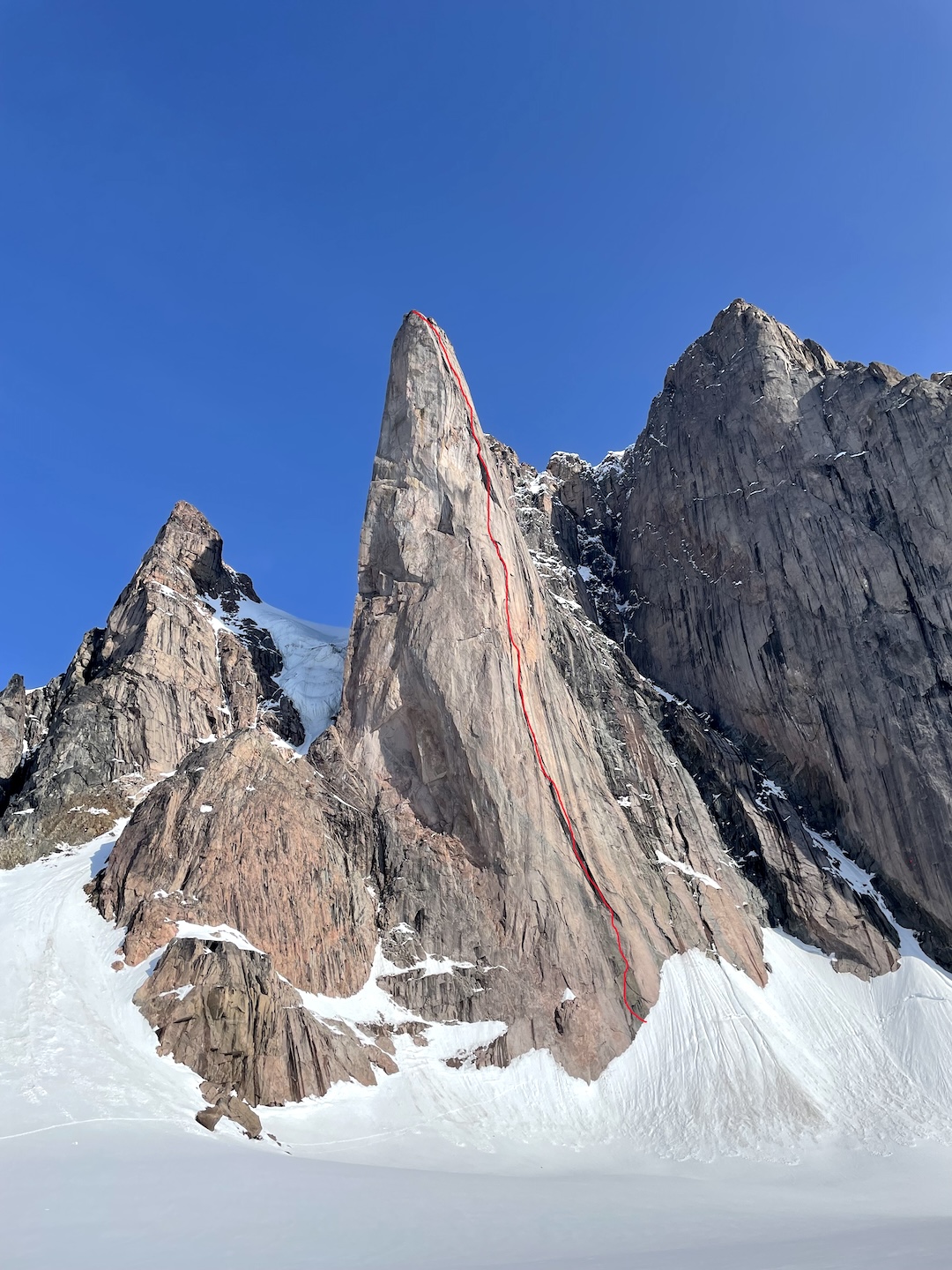 The line of Ragnarok on the 2,500-foot west face of Frigga I. The route ends at the ridgeline without going to the summit.