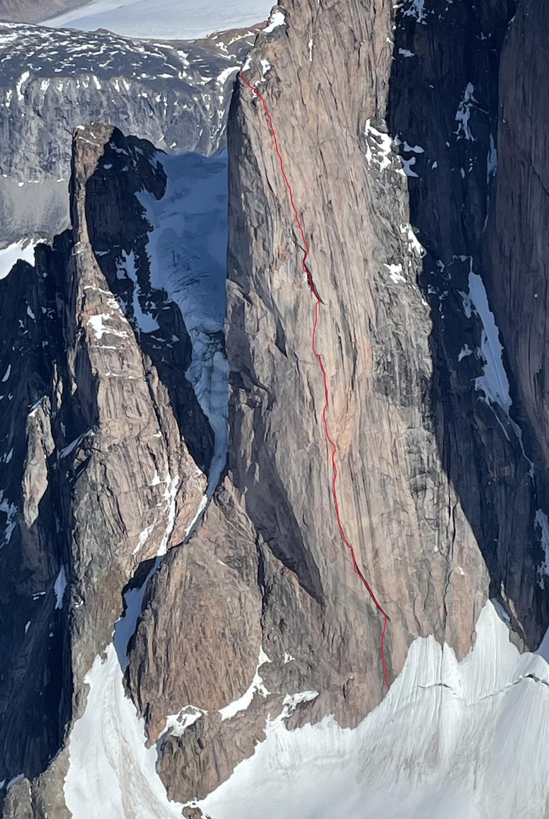 The line of Ragnarok on the 2,500-foot west face of Frigga I.