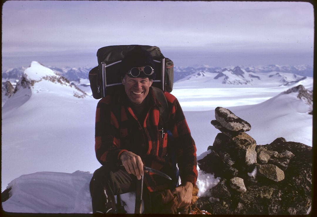 Fred Golomb looks out from the summit of Everlast, the Juneau Icefield, Alaska, while climbing the peak with his son in August 1973. During the first ascent, in 1951, Fred had named the 7,000-foot peak Everlast after his father’s boxing-gloves company. 