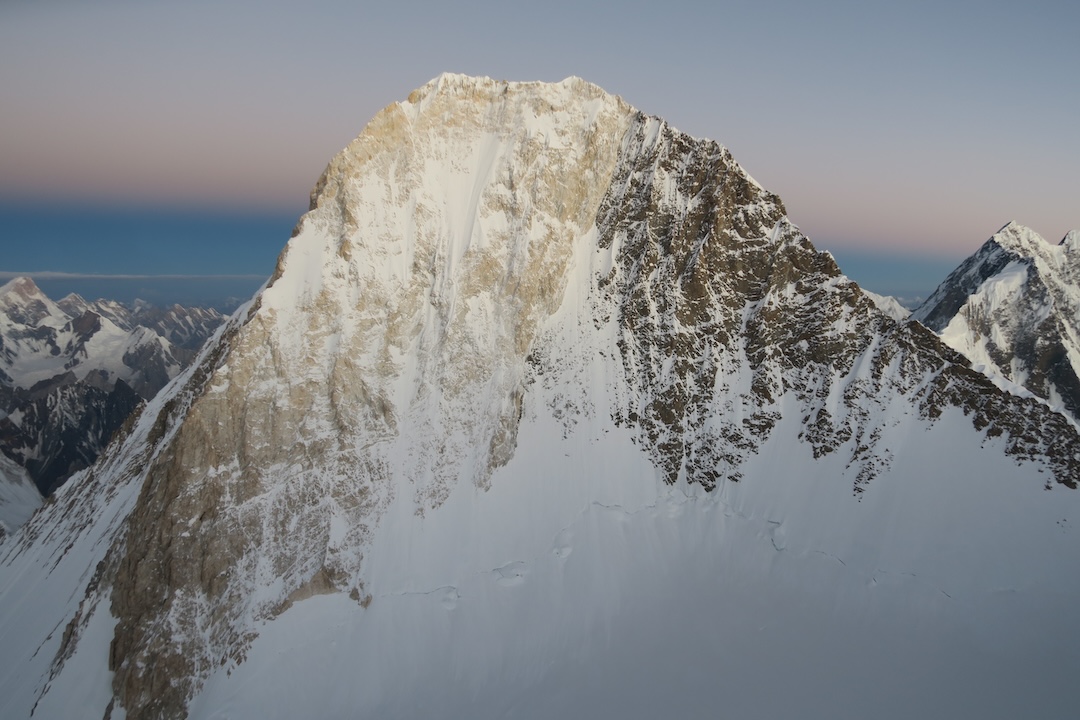 The unclimbed east face of Gasherbrum IV, seen from high on Gasherbrum III.