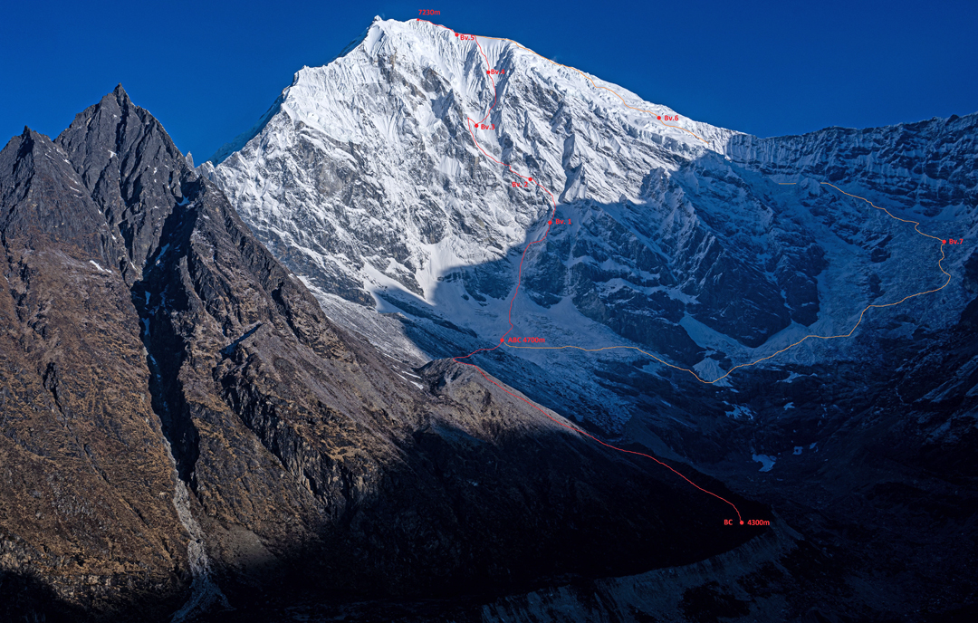 The east side of Langtang Lirung showing the full route of ascent and descent from base camp.