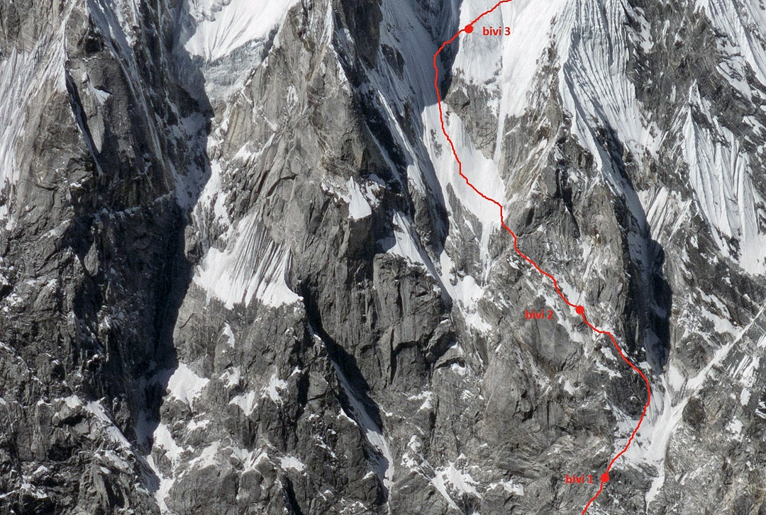 Route detail of days two and three on the central section of Ondra’s Star, the first ascent of the east face of Langtang Lirung.