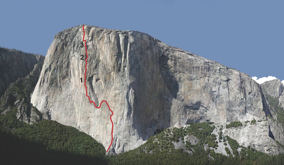 Free Rider (VI 5.13a) on El Capitan, with (1) the Monster Offwidth, (2) the Boulder Problem, and (3) the Enduro Corner and Round Table traverse. Larcher and Zangerl climbed the route in 32 pitches. 