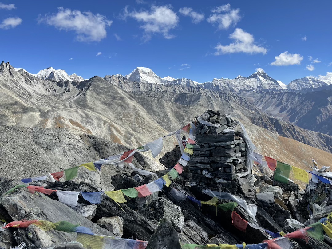 The view from Chyargo La toward the border with Tibet and the south side of Kaqur Kangri, in the center. The 6,859-meter peak, also known as Kanti Himal in Nepal, had only been climbed once, in 2002, by the east ridge, approached from Tibet. 