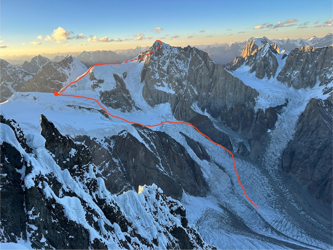 The route followed from the south and east, wrapping around the north and east sides of the summit pyramid, to make the probable second of Sax Sar (ca 6,200m). 