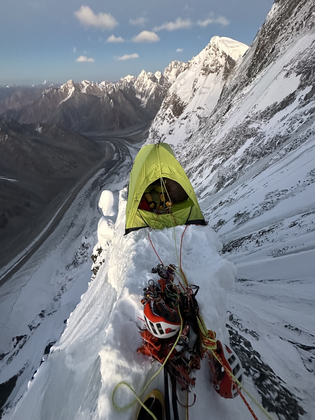 Bivy perch just below the north pillar headwall, not long before an avalanche forced the team to reevaluate their route. 