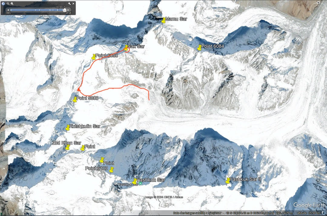 The route followed from the south and east, wrapping around the north and east sides of the summit pyramid, to make the probable second of Sax Sar (ca 6,200m).