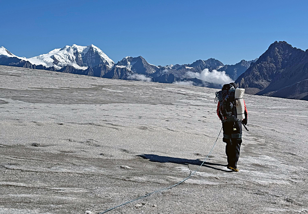 On the lower Aigagon Glacier, looking north at unclimbed Peak 6,434m, north of the Niwu Valley. 