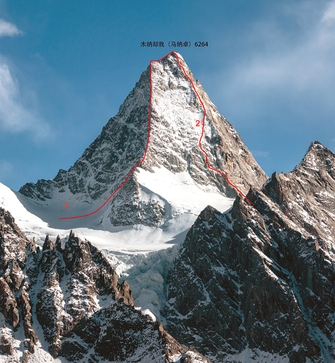 Manamcho (6,264m), showing (1) the first ascent route up the northwest ridge (Fowler-Ramsden, 2007) and (2) the new route on the southwest face and ridge (Liu-Wang, 2024). 