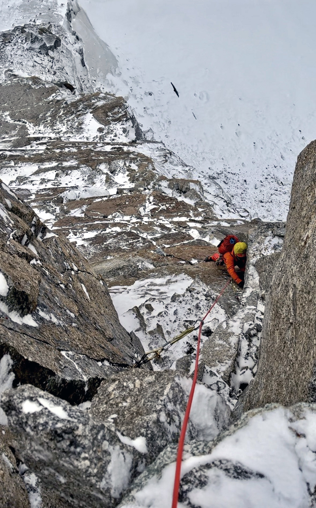 Climbing the initial section of the 2024 route on the southwest side of Manamcho. 