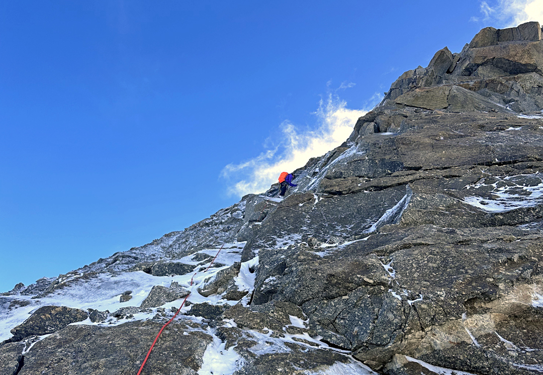 Compact and verglassed rock on the southwest ridge of Manamcho. 