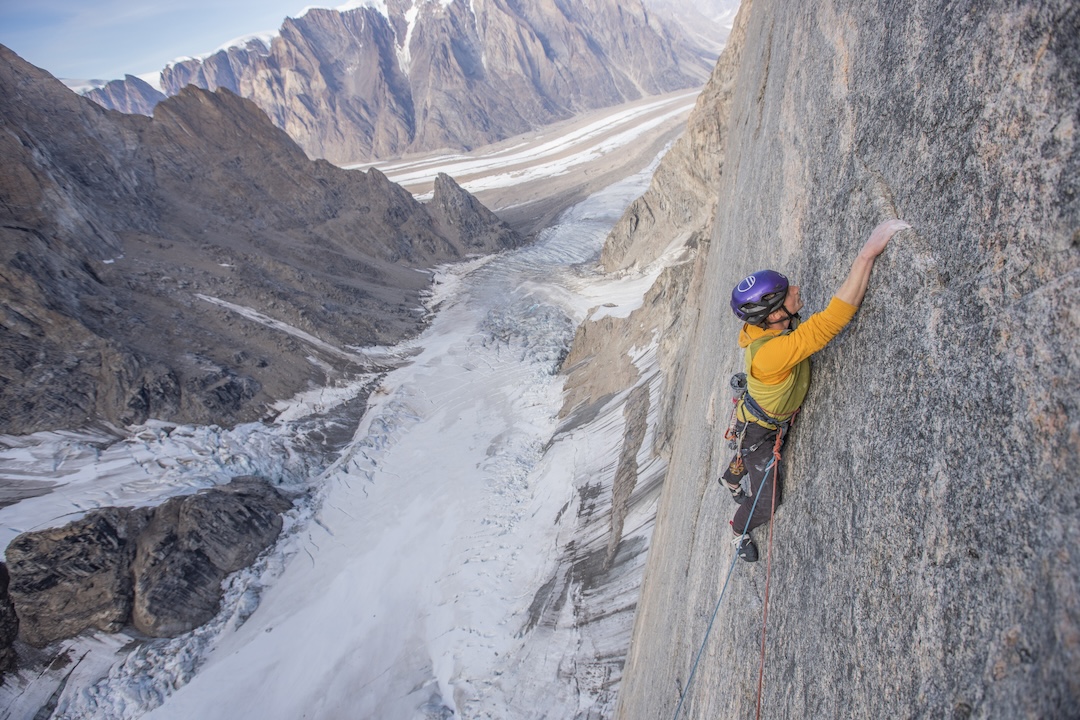 Pete Whittaker leads pitch nine, one of the difficult face climbing pitches in the first half of the new route. Eventually, Whittaker redpointed this “razor blade slab” at 8b/5.13d R.