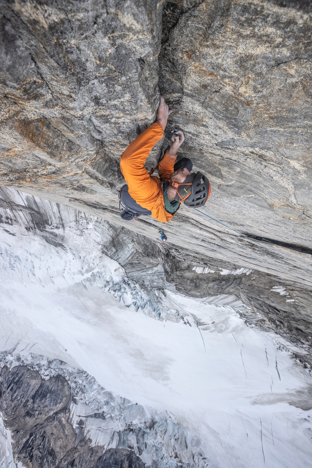 Seán Warren, the team’s aid climbing specialist, redpointing pitch ten (6c+ R), just below the second portaledge camp on the wall.