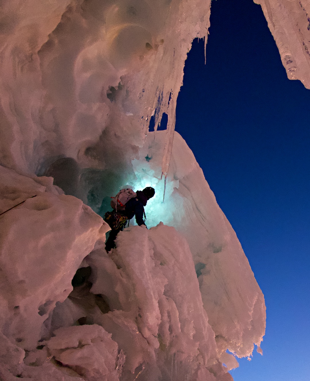 Starting day four on Quitaraju, moving up the complex mushrooms and ice walls of the southeast ridge.