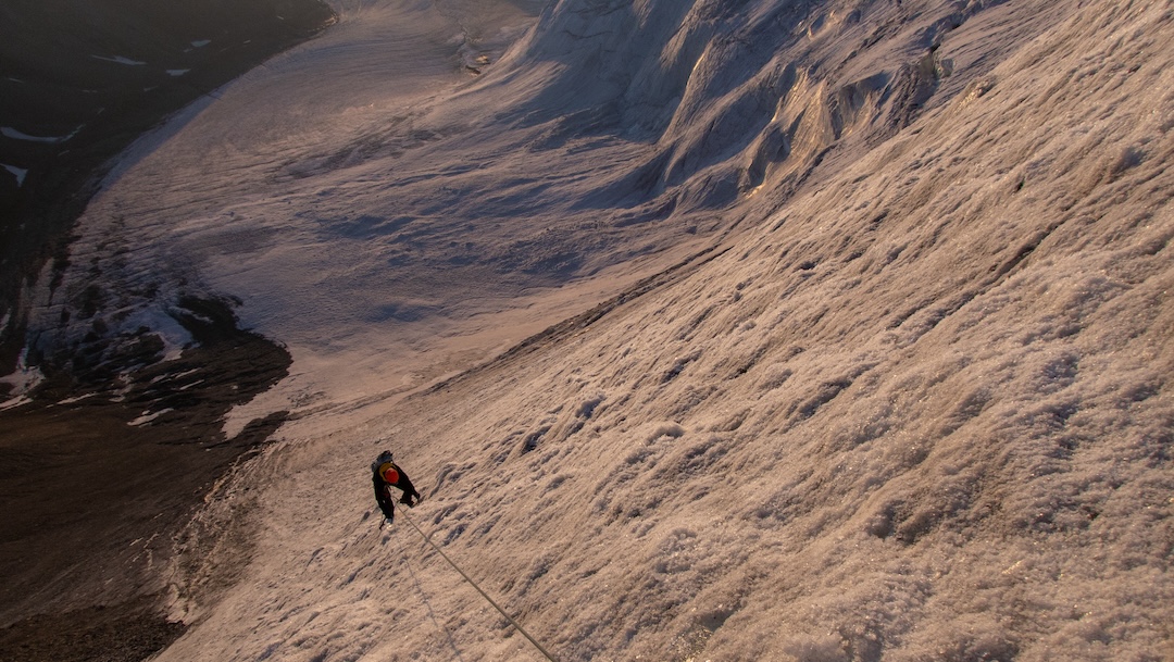 Climbing the ice slope to Cédric and Sophie.