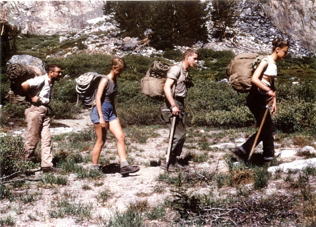 Sal Marino, Janet Robertson, Dave Robertson, and Virginia Boucher in the Minarets, Sierra Nevada, 1956.  